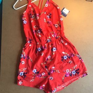 Bright red floral romper
